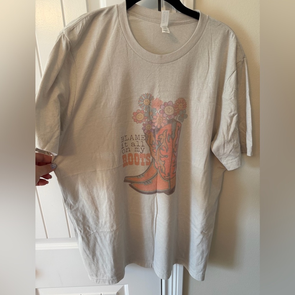 Graphic “Blame It All On My Roots” T-Shirt with Boots and Flowers